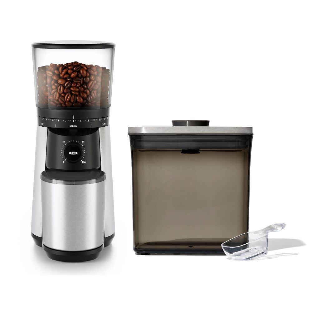 Conical Burr Coffee Grinder & Steel Coffee POP Container (1.7 Qt) with Scoop Bundle I7