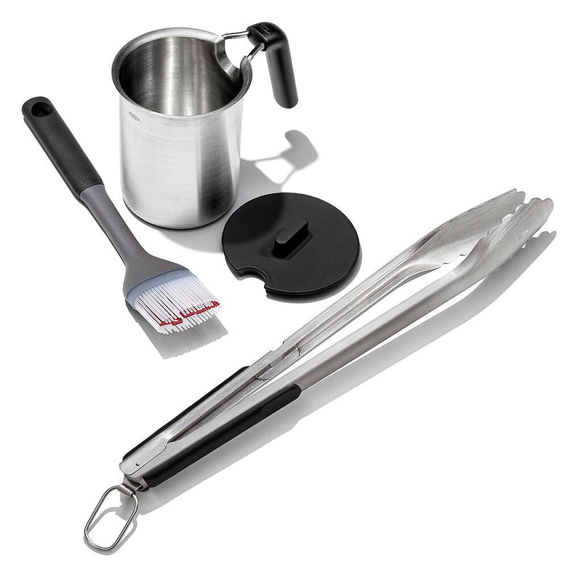 Grilling Basting Pot and Brush Set & Grilling Tongs with Built-In Bottle Opener Bundle R5